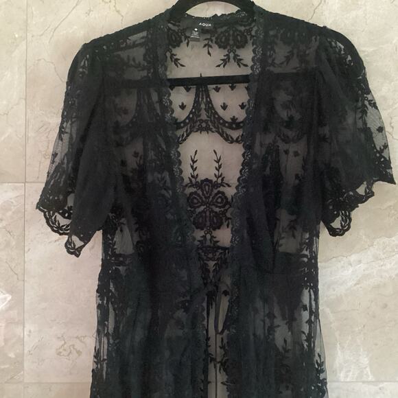 Aqua Maxi Duster Kimono Topper Small Black Lace Sheer Stevie Boho 90s Whimsigoth - Picture 9 of 10